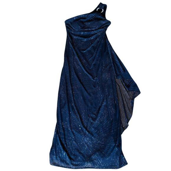R&M Richards Vintage Maxi Dress One Shoulder Draped Black Silver Sparkle Size 4P - Picture 5 of 16